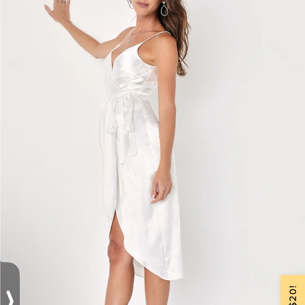 Lulu’s white satin midi length dress for bridal shower, bachelorette, etc! - Picture 2 of 4